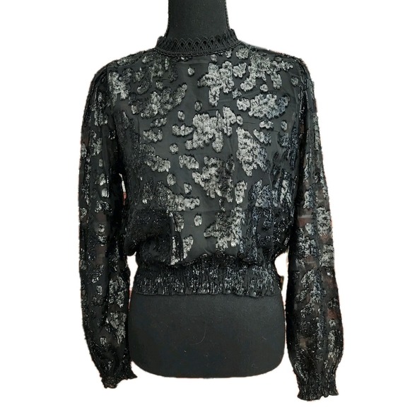 Black Burnout Top Womens Cropped Blouse Whimsigoth Fairy Goth Grunge High Neck S - Picture 1 of 11